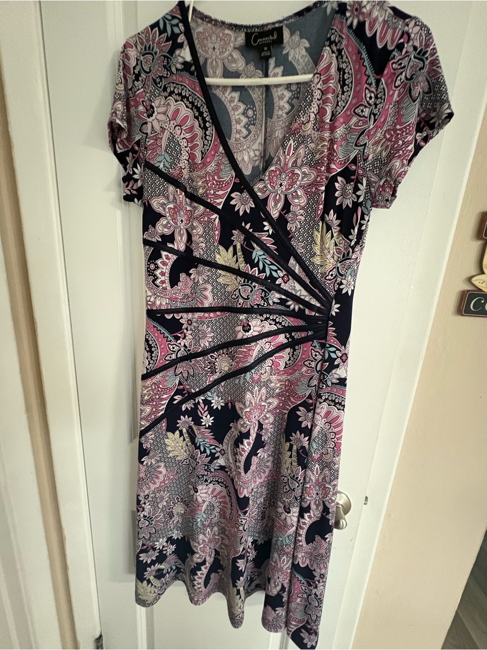 Crown & Ivy Connected Apparel Navy and Pink Paisley Wrap-Detail Dress size 10